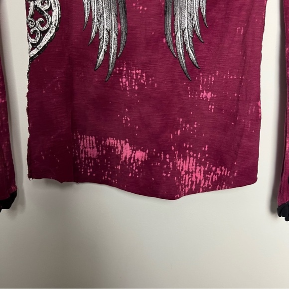 Affliction 90s Burgundy Long Sleeve Hoodie Spell Out Top Embellished Angel Wings - Picture 15 of 15